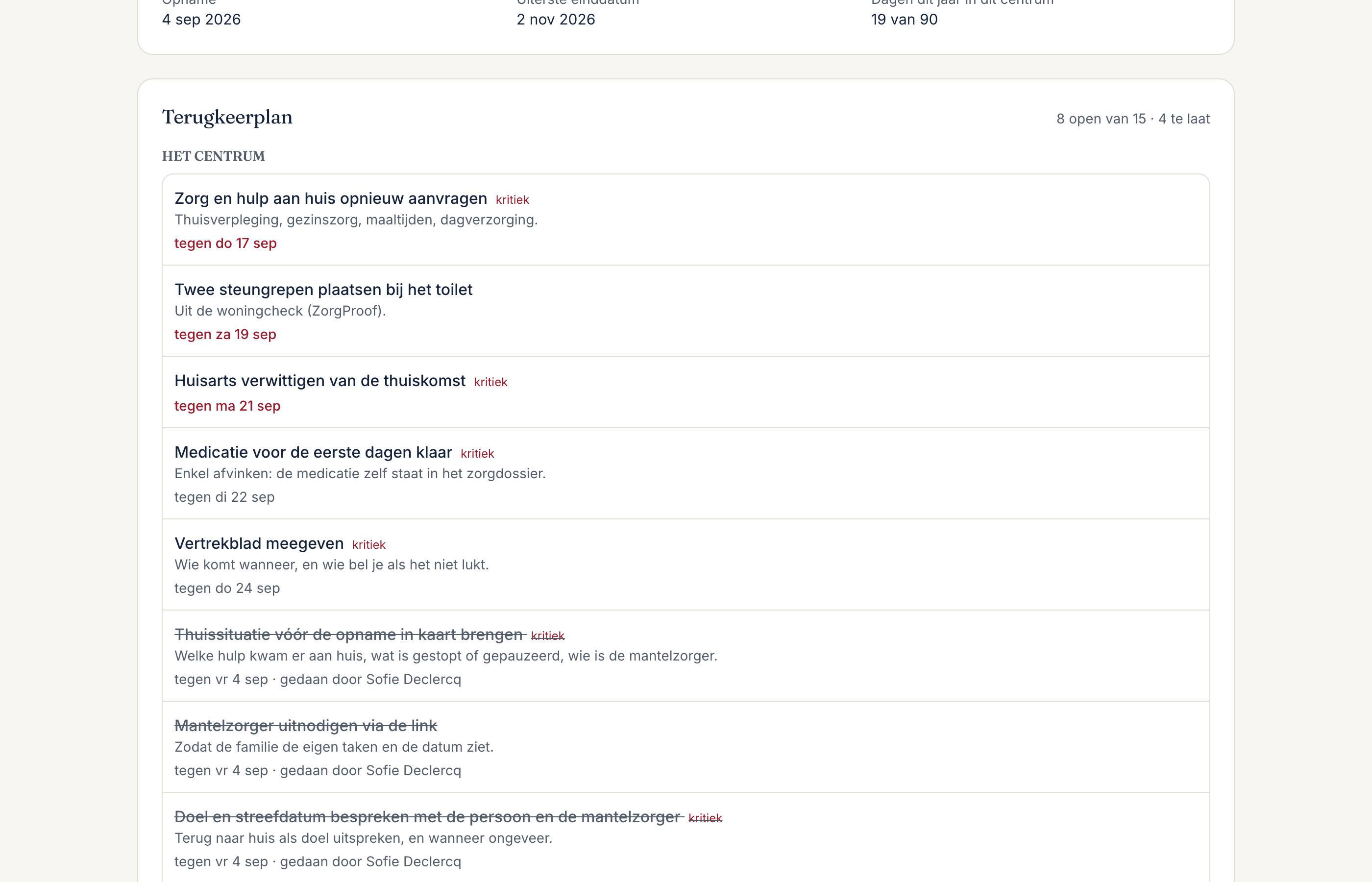 Het terugkeerplan van een verblijf, met taken per verantwoordelijke en hun datum